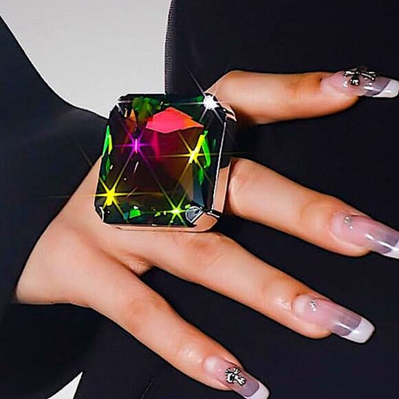 Exaggerated Mystic Fire Silver Crystal Stone Cocktail Ring - Picture 2 of 6